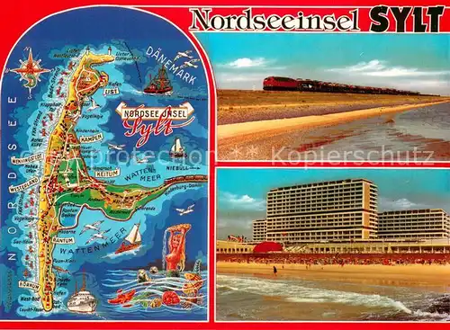 AK / Ansichtskarte Sylt Landkarte Nordseeinsel Hotels am Strand Eisenbahn Inselbahn Sylt