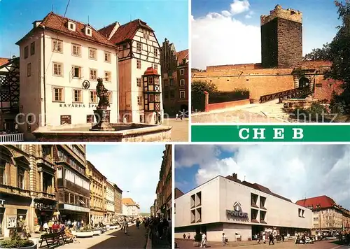 AK / Ansichtskarte Cheb_Eger Brunnen Altstadt Burgruine Fussgaengerzone Einkaufszentrum 