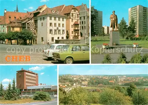 AK / Ansichtskarte Cheb_Eger Altstadt Lenin Denkmal Statue Bahnhof Stadtpanorama 