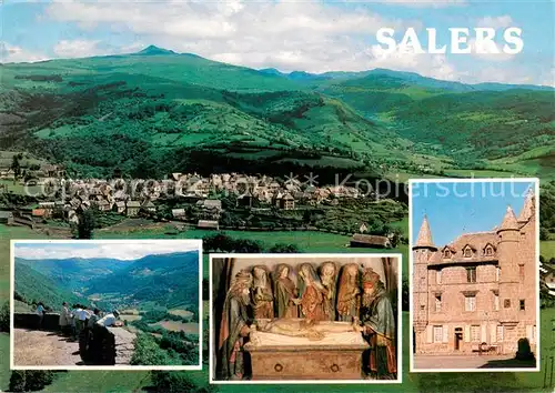 AK / Ansichtskarte Salers Vue panoramique au loin le Puy Violent Esplanade de Barrouze Vallee de la Maronne Mise au tombeau Eglise Maison du Bailliage Salers