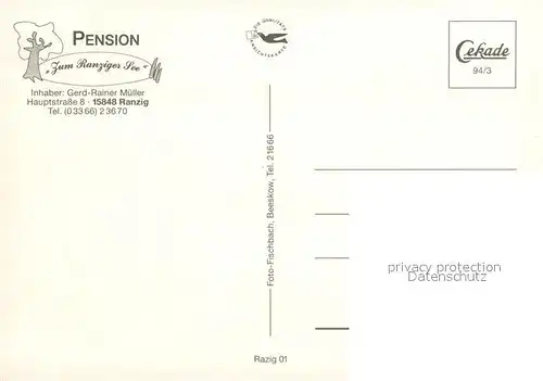AK / Ansichtskarte Ranzig Pension Zum Ranziger See Uferpartie Ranzig