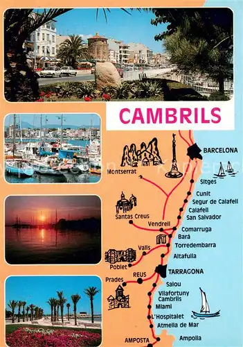 AK / Ansichtskarte Cambrils Landkarte Kueste Uferstrasse Hafen Sonnenuntergang Promenade Cambrils