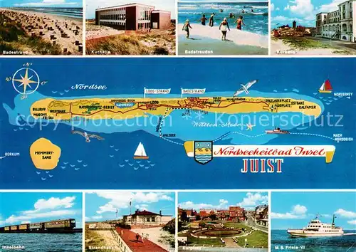 AK / Ansichtskarte Juist_Nordseebad Landkarte Nordseeinsel Badestrand Kurhaus Inselbahn Strandhalle Kurplatz MS Frisia VI Juist_Nordseebad