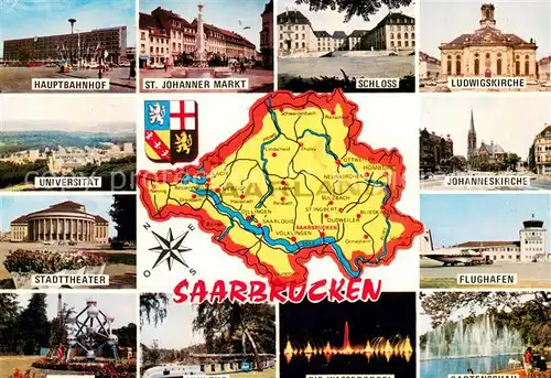 AK / Ansichtskarte Saarbruecken Bahnhof Markt Schloss Kirchen Flughafen Theater Atomium Park Wasserspiele Lichterfest Landkarte Saarbruecken