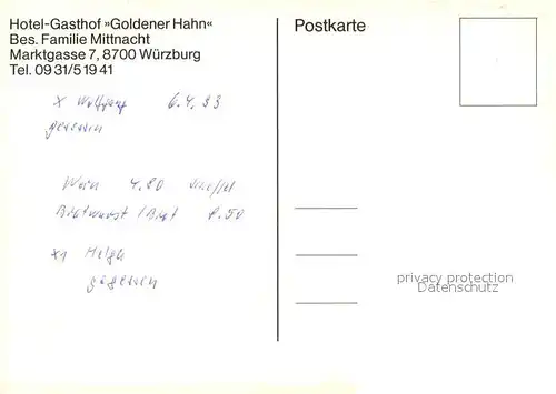 AK / Ansichtskarte Wuerzburg Hotel Gasthof Goldener Hahn Terrasse Gaststube Wuerzburg