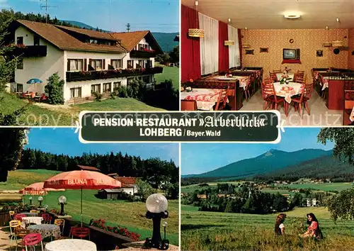 AK / Ansichtskarte Lohberg_Lam Pension Restaurant Arberblick Gaststube Terrasse Panorama Lohberg_Lam