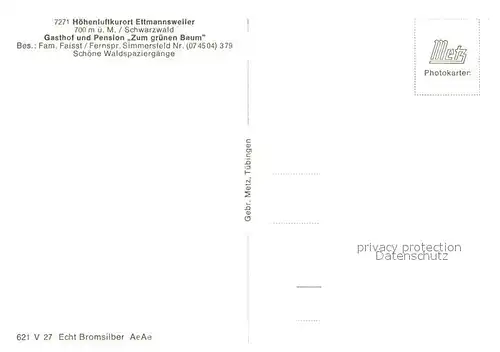 AK / Ansichtskarte Ettmannsweiler Gasthaus Pension Zum gruenen Baum Landschaftspanorama Schwarzwald Bromsilber Ettmannsweiler