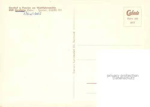 AK / Ansichtskarte Hardheim_Odenwald Gasthof Pension zur Wohlfahrtsmuehle Restauran Treppenaufgang Wappen Hardheim Odenwald