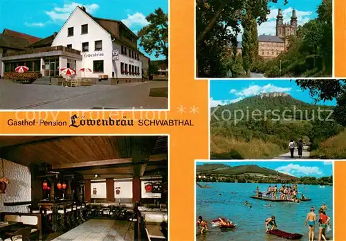 AK / Ansichtskarte Schwabthal Gasthof Pension Loewenbraeu Restaurant Kirche Landschaftspanorama Badesee Schwabthal