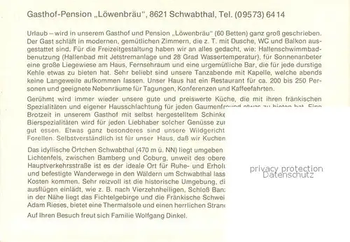 AK / Ansichtskarte Schwabthal Gasthof Pension Loewenbraeu Restaurant Kirche Landschaftspanorama Badesee Schwabthal
