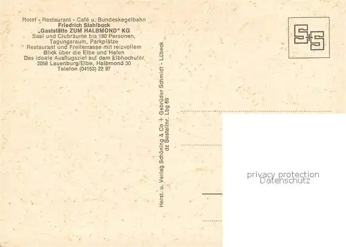 AK / Ansichtskarte Lauenburg_Elbe Hotel Gaststaette Zum Halbmond Restaurant Panorama Blick ueber die Elbe Lauenburg Elbe