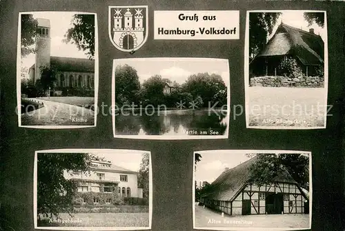 AK / Ansichtskarte Volksdorf_Hamburg Kirche See Alte Raeucherkate Amtsgebaeude Altes Bauernhaus Volksdorf Hamburg