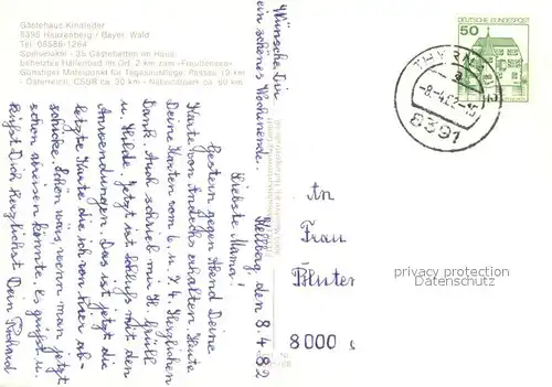 AK / Ansichtskarte Hauzenberg_Niederbayern Gaestehaus Kinateder Gastraum Terrasse Gondelteich Hauzenberg Niederbayern