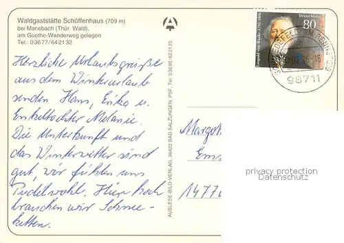 AK / Ansichtskarte Manebach Waldgaststaette Schoeffenhausen Gastraum Freiterrasse Manebach