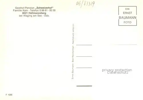 AK / Ansichtskarte Hellmannsberg_Waging_See Gasthof Pension Schweizerhof Gastraeume Pool Hellmannsberg_Waging_See