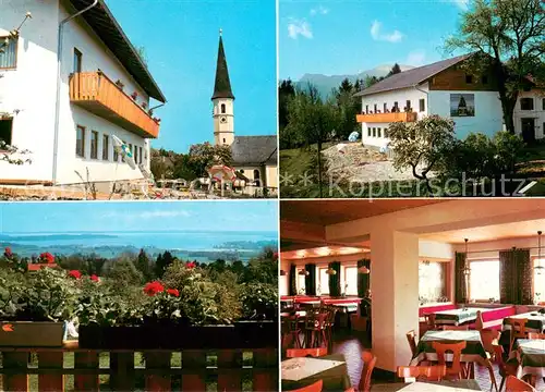 AK / Ansichtskarte Hittenkirchen_Chiemsee Gasthof Pension Bufler Kirche Panorama Gastraum Hittenkirchen Chiemsee