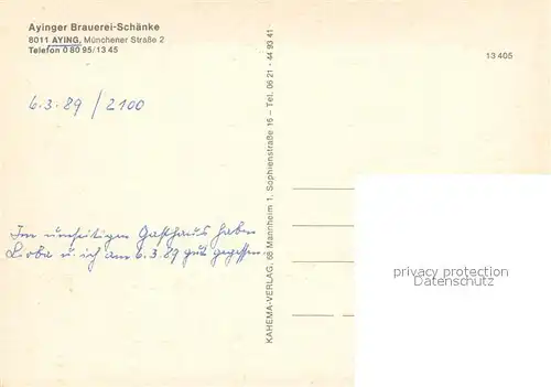 AK / Ansichtskarte Aying Ayinger Brauerei Schaenke Terrasse Biergarten Gastraeume Aying