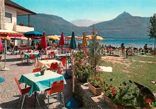 AK / Ansichtskarte Kalterer_See_Suedtirol Hotel Seegarten Terrasse mit Ruine Leuchtenburg Kalterer_See_Suedtirol