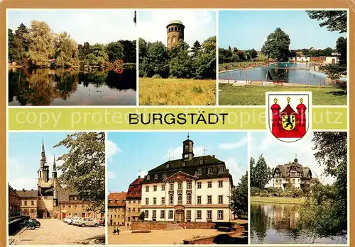 AK / Ansichtskarte Burgstaedt_Sachsen Karl Liebknecht Hain Aussichtsturm am Taurastein Freibad Saigerturm und Stadtkirche Rathaus Frauenklinik Burgstaedt_Sachsen