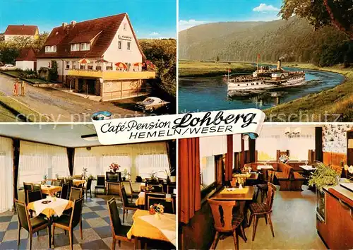 AK / Ansichtskarte Hemeln Cafe Pension Lohberg Gastraum Dampfer Uferpartie an der Weser Hemeln