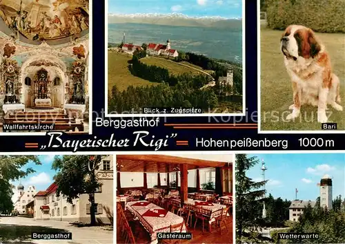 AK / Ansichtskarte Hohenpeissenberg Terrassencafe Restaurant Bayerischer Rigi Berggasthof Wetterwarte Wallfahrtskirche Blick zur Zugspitze Bernhardiner Hund Hohenpeissenberg