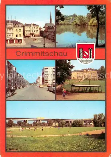 AK / Ansichtskarte Crimmitschau Am Markt Schlossteich Strasse der Freundschaft Polytechnische Oberschule Wilhelm Stolle Sportplatz Crimmitschau