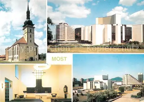 AK / Ansichtskarte Most_Tschechien Presunuty goticky kostel Divadlo a hotel Murom Nova kaple Celkovy pohled s Hnevinem v pozadi Most_Tschechien