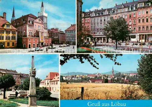AK / Ansichtskarte Loebau_Sachsen Rathaus Bahnhofstrasse Postmeilensaeule Stadtansicht Loebau Sachsen