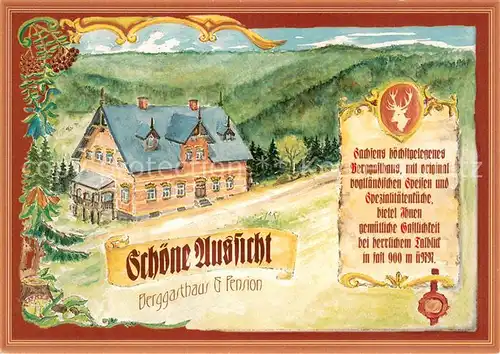 AK / Ansichtskarte Klingenthal_Vogtland Berggasthaus Pension Schoene Aussicht Zeichnung Rolf Beyer Kuenstlerkarte Klingenthal_Vogtland