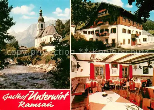 AK / Ansichtskarte Ramsau_Berchtesgaden Gasthof Unterwirt "Der Singende Wirt" Bach Kirche Alpen Ramsau Berchtesgaden