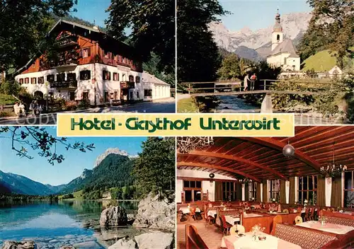 AK / Ansichtskarte Ramsau_Berchtesgaden Gasthof Unterwirt "Der Singende Wirt" Blick zur Kirche Alpen See Ramsau Berchtesgaden