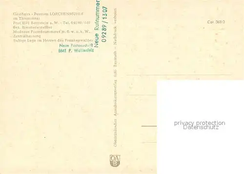AK / Ansichtskarte Bernstein_Wald Gasthaus Pension Lorchenmuehle im Thiemitztal Bernstein_Wald