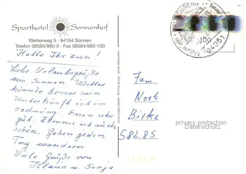 AK / Ansichtskarte Sonnen_Niederbayern Sporthotel Sonnenhof Restaurant Terrasse Hallenbad Teich Fliegeraufnahme Sonnen Niederbayern