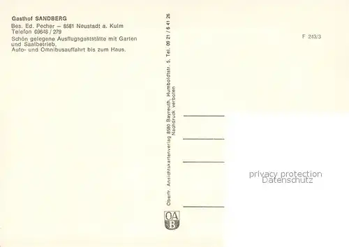 AK / Ansichtskarte Neustadt_Kulm Gasthof Sandberg Restaurant Aussichtsturm Ortsansicht mit Kirche Neustadt_Kulm