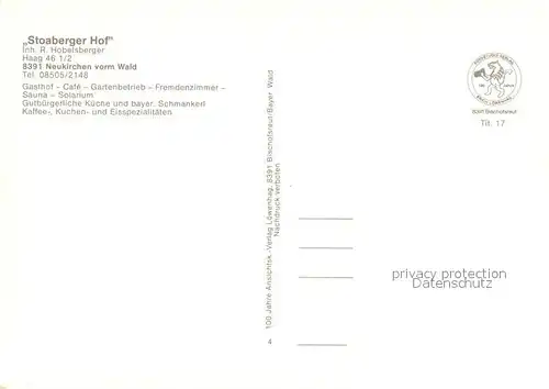 AK / Ansichtskarte Neukirchen_Wald Gasthof Restaurant Stoaberger Hof im Bayerischen Wald Landschaftspanorama Partie am Wasser Neukirchen Wald