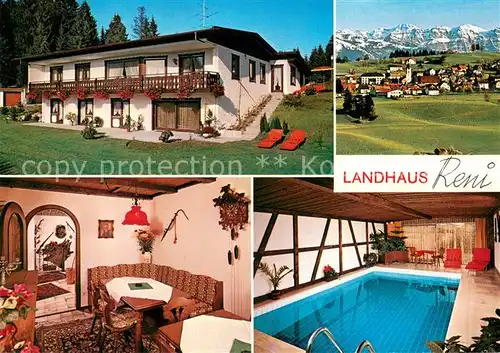 AK / Ansichtskarte Lindenau_Scheidegg Landhaus Reni Gastraum Hallenbad Gesamtansicht mit Alpenpanorama Lindenau Scheidegg