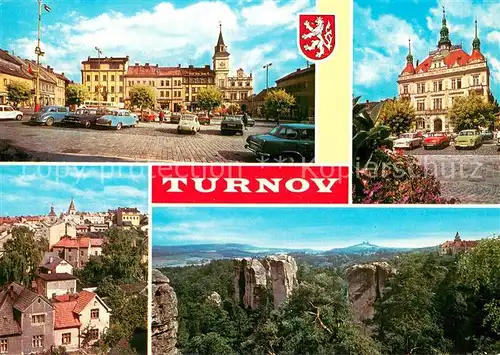 AK / Ansichtskarte Turnov Mesto prumyslu brousenych ceskych granatu a drahokamu Z blizkeho okoli je zajimavy zamek Hruba Skala zotavovna ROH a hruboskolska skalni mesta Turnov