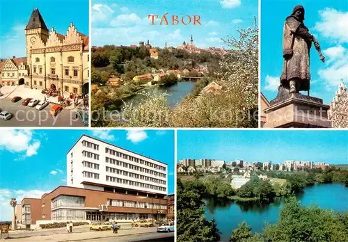 AK / Ansichtskarte Tabor_Czechia Radnice Mus
Radnice Muzeum husitskeho revolucniho hnuti Celkovy pohled Socha Jana Zizky Hotel Palcat Nachodske sidliste 