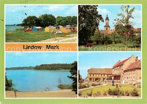 AK / Ansichtskarte Lindow_Mark Campingplatz Weisser Sand Stadtkirche Badestelle Wutzsee Markt Lindow Mark