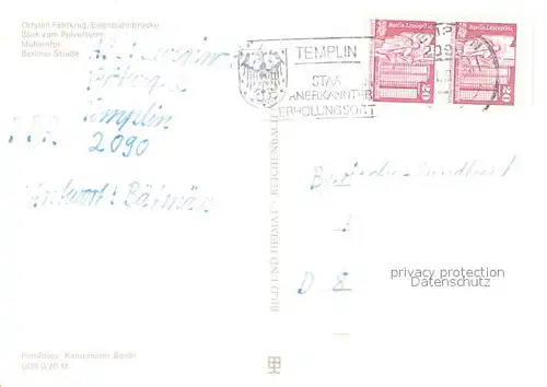 AK / Ansichtskarte Templin OT Faehrkrug Eisenbahnbruecke Pulverturm Muehlentor Berliner Strasse Templin