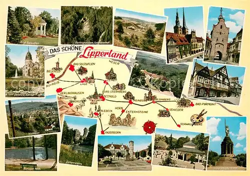 AK / Ansichtskarte Teutoburgerwald Bad Salzuflen Oerlinghausen Berlebeck Lemgo Blomberg Burg Sternberg Schwalenberg Detmold Schloss Hiddesen Externsteine Horn Bad Meinberg Hermannsdenkmal Teutoburgerwald