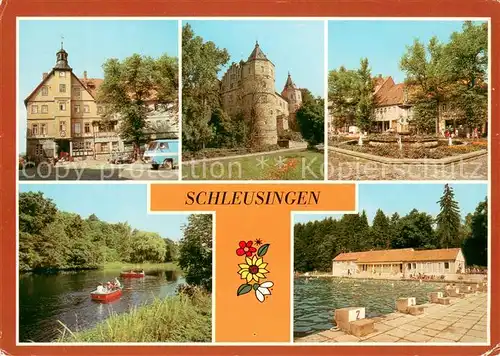 AK / Ansichtskarte Schleusingen Rathaus Schloss Bertholdsburg Brunnen am Markt Gondelteich Freibad Schleusingen