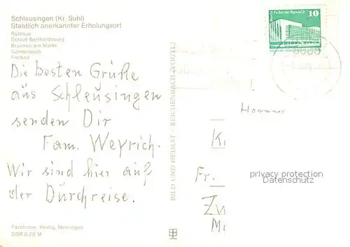 AK / Ansichtskarte Schleusingen Rathaus Schloss Bertholdsburg Brunnen am Markt Gondelteich Freibad Schleusingen