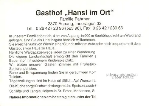 AK / Ansichtskarte Aspang Markt Gasthof Hansl im Ort Maedchen mit Rehkitz Kapelle Aspang Markt