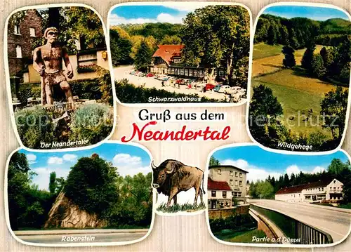 AK / Ansichtskarte Neandertal Statue Neandertaler Gaststaette Schwarzwaldhaus Wildgehege Rabenstein Felsen Partie an der Duessel Neandertal