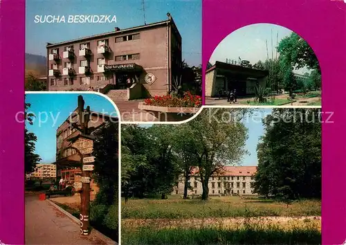 AK / Ansichtskarte Sucha_Beskidzka Beskidzie Makowskim Hotel Turystyczny Kino Smrek Zamek Komorowskich Wielopolskich wokol park krajobrazowy 