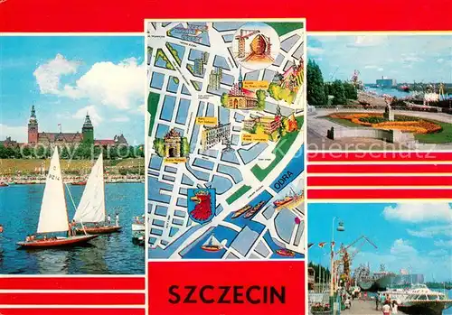 AK / Ansichtskarte Szczecin_Stettin Blick ueber die Oder Segelschiff Uferpromenade Denkmal Stadtplan Zentrum Hafen Dampfer Szczecin_Stettin
