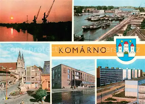 AK / Ansichtskarte Komarno_Komarom_Slovakia Sonnenuntergang Hafen Stadtplatz Hotel Europa 