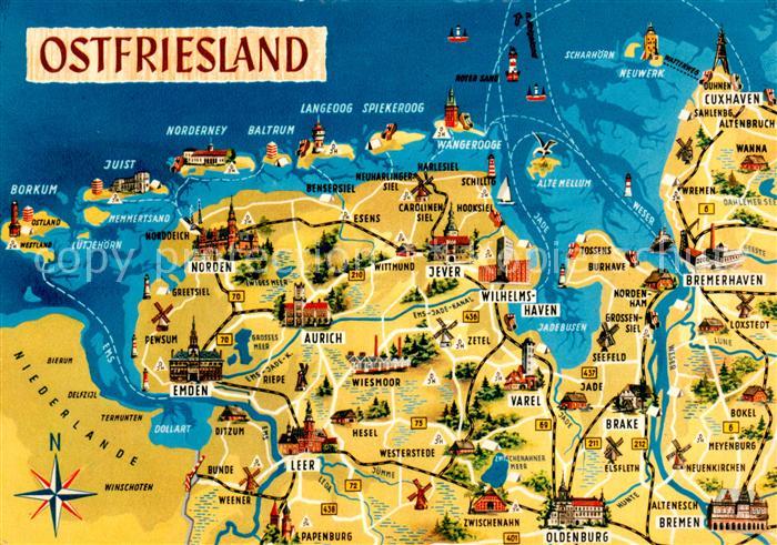 AK / Ansichtskarte Ostfriesland Landkarte der Region mit Sehenswuerdigkeiten Ostfriesland Nr 