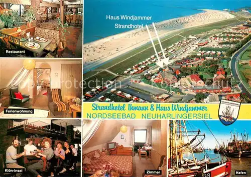 AK / Ansichtskarte Neuharlingersiel Nordseebad Strandhotel Haus Windjammer Fliegeraufnahme Restaurant Ferienwohnung Kloen Insel Bar Hafen Fischkutter Neuharlingersiel